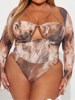 Fashion Nova Brown Marble Tie-Dye Long Sleeve Bodysuit
